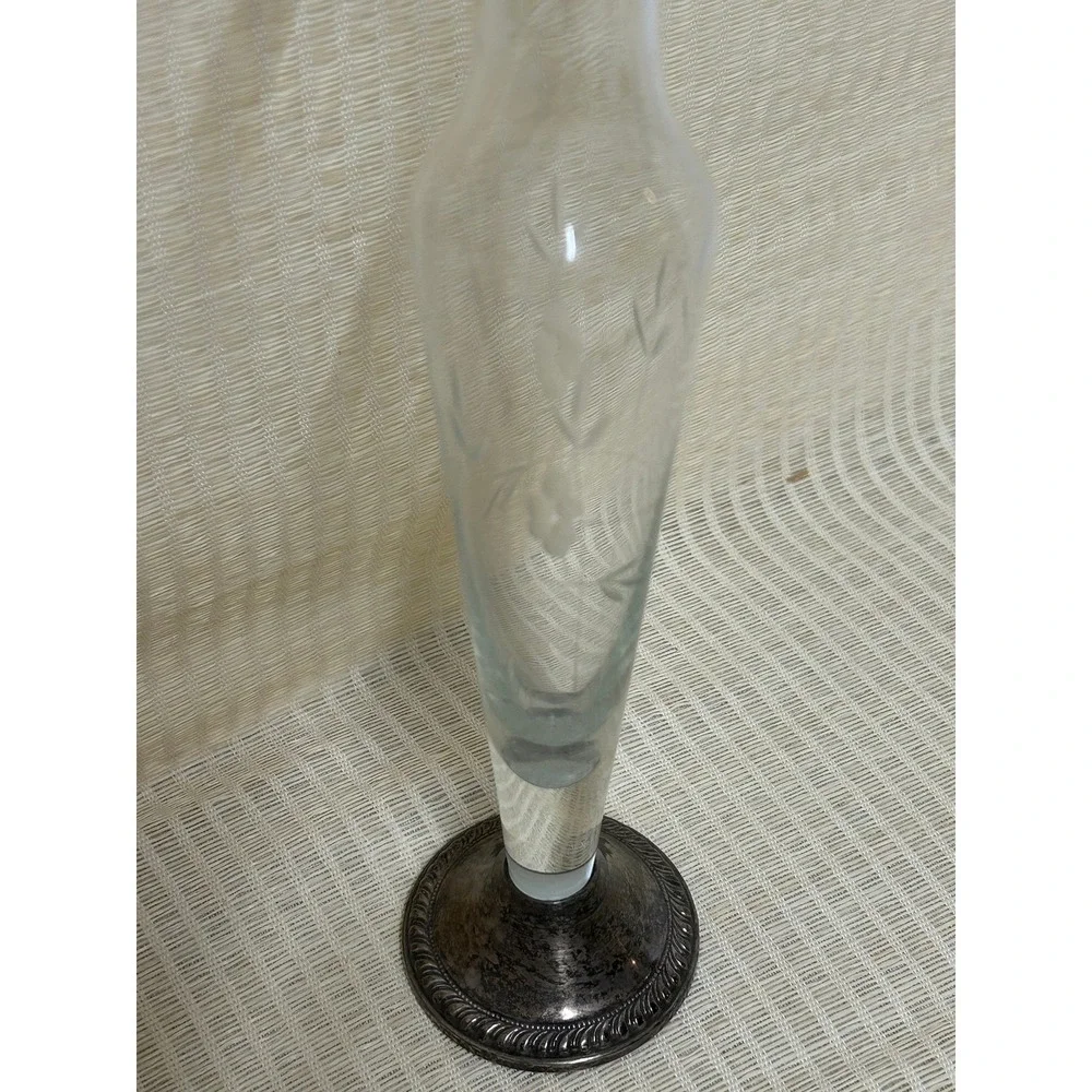 Bud Vase, Etched Glass Sterling Weighted Base Duchin Creation, Vintage